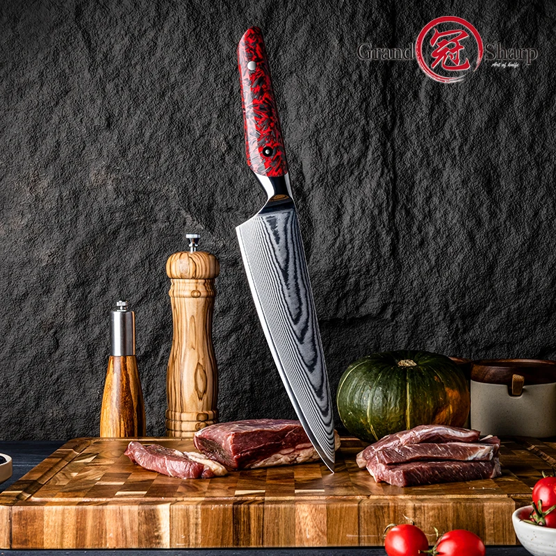 Grandsharp 8'' Chef Knife 67 Layer Damascus Kitchen Knives Stainless Steel Butcher Knife Red Resin + Carbon Fiber Handle