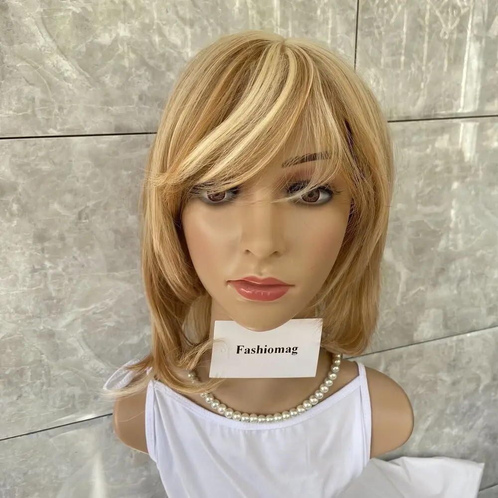 Charming Honey Blonde Mix Human Hair Heat Ok Synthetic Wigs Women Soft Natural