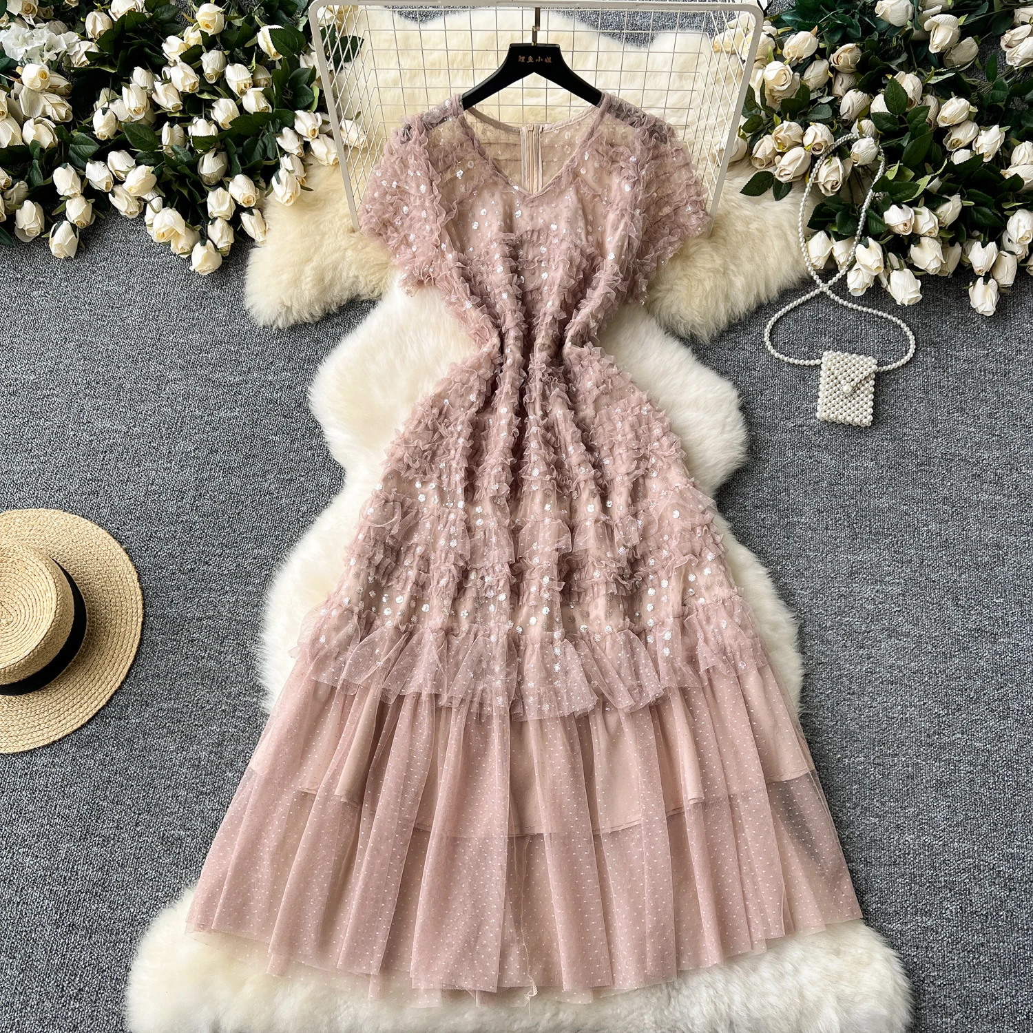 

Summer Elegant Long Luxury Party Evening Dress for Women Mesh Shirring Ruffle Sequined Layered Female Hem Dresses New In Chic