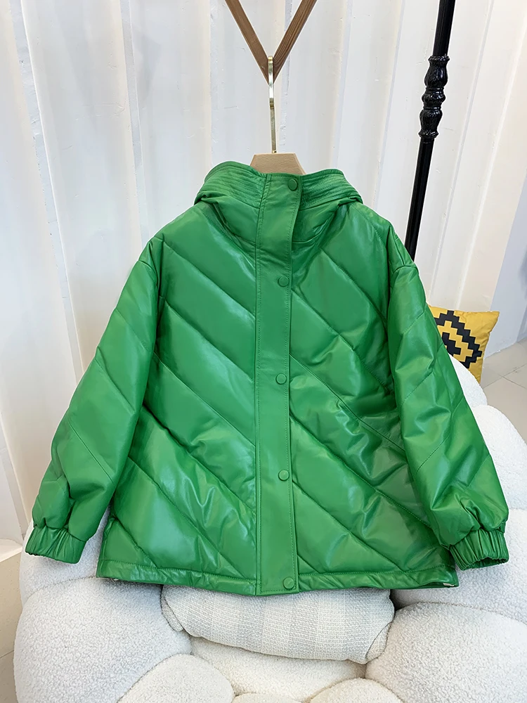 Winter Fashion Women Casual Loose Fit Hooded White Duck Down Jacket Sheepskin Genuine Leather Coat Thick Warm Windproof Overcoat