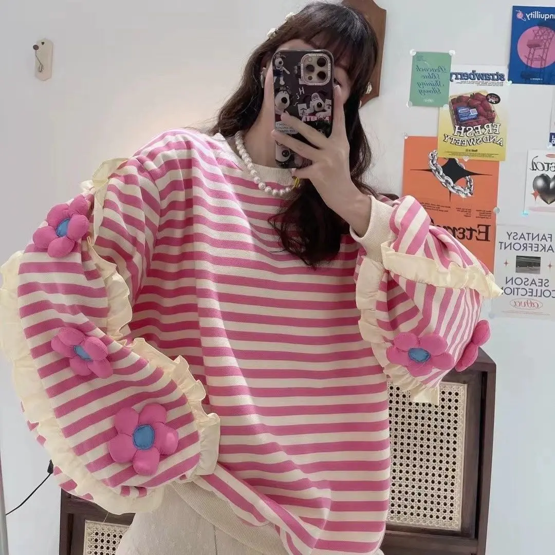 Dopamine Striped Pullover Sweatshirt Women 2024 Autumn Winter New Three-Dimensional Flower Loose Casual Long-Sleeved Top