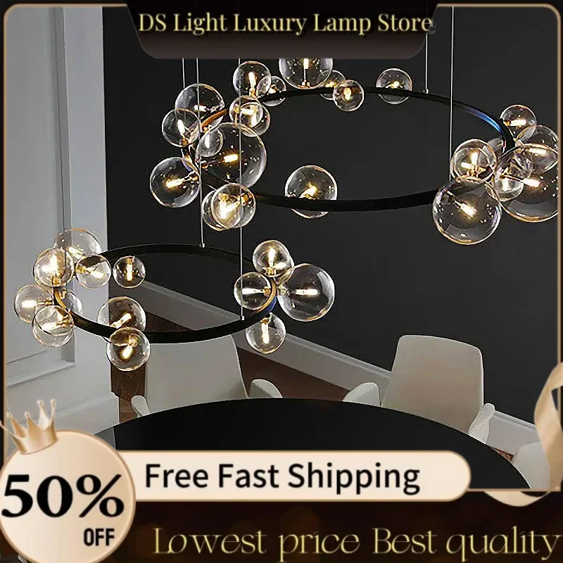 

Modern Ring Glass Ball LED Chandelier Nordic Style Living Dining Room Kitchen Study Gloss Home Design Interior Decoration Lamps