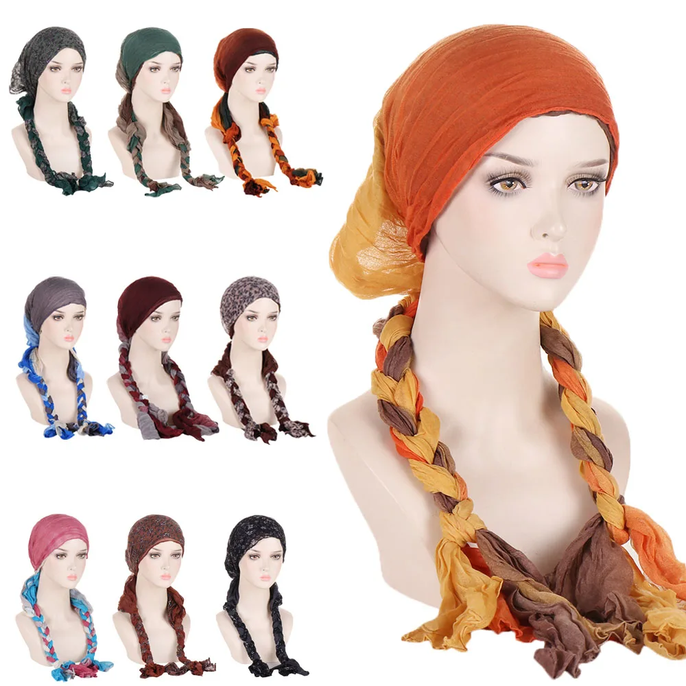 

2024 New Long Handwoven Braid Scarf Fashion Muslim Women Hijab Pre-Tied Hat Bandanas Bonnet Chemo Cap Head Wrap Turbante Mujer