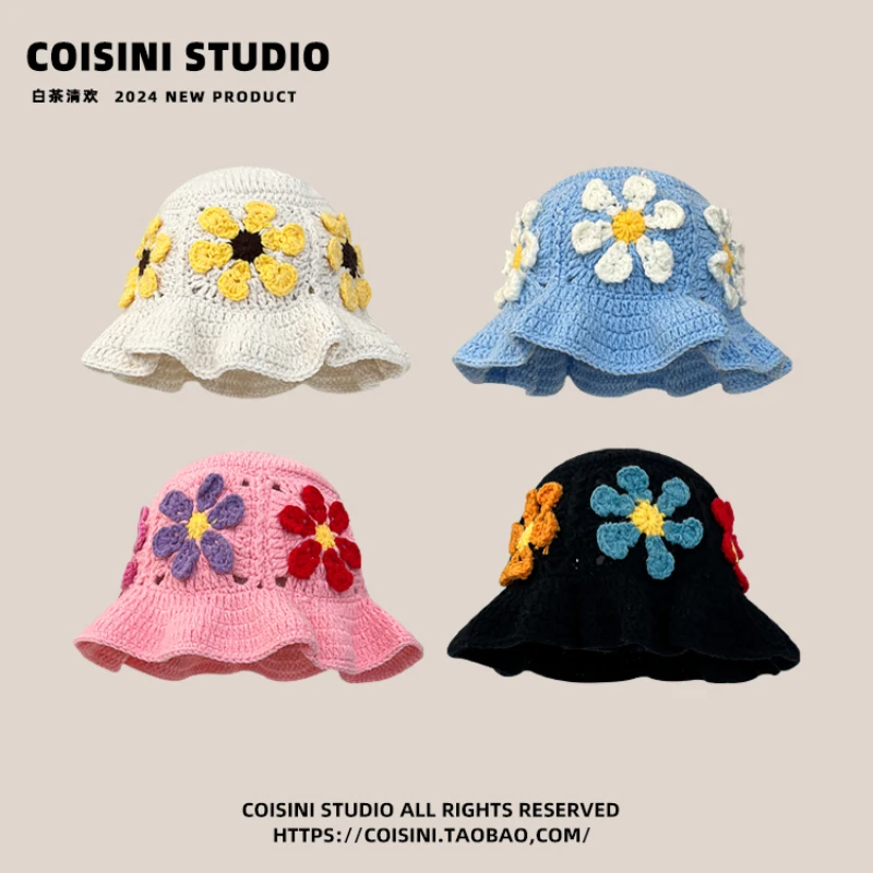 Korean Niche Colorful Flowers Hollow Knitted Caps for Women Show Face Small Spring and Autumn Travel Photo Versatile Bucket Hat