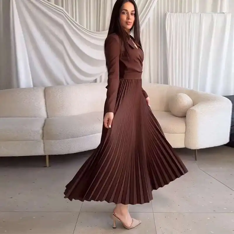 

Women's New 2025 V-neck High-end Fashion Slim Waist Pleated Dress Gothic Office Kaftan 2025 Summer Dress Robe Vestido Women
