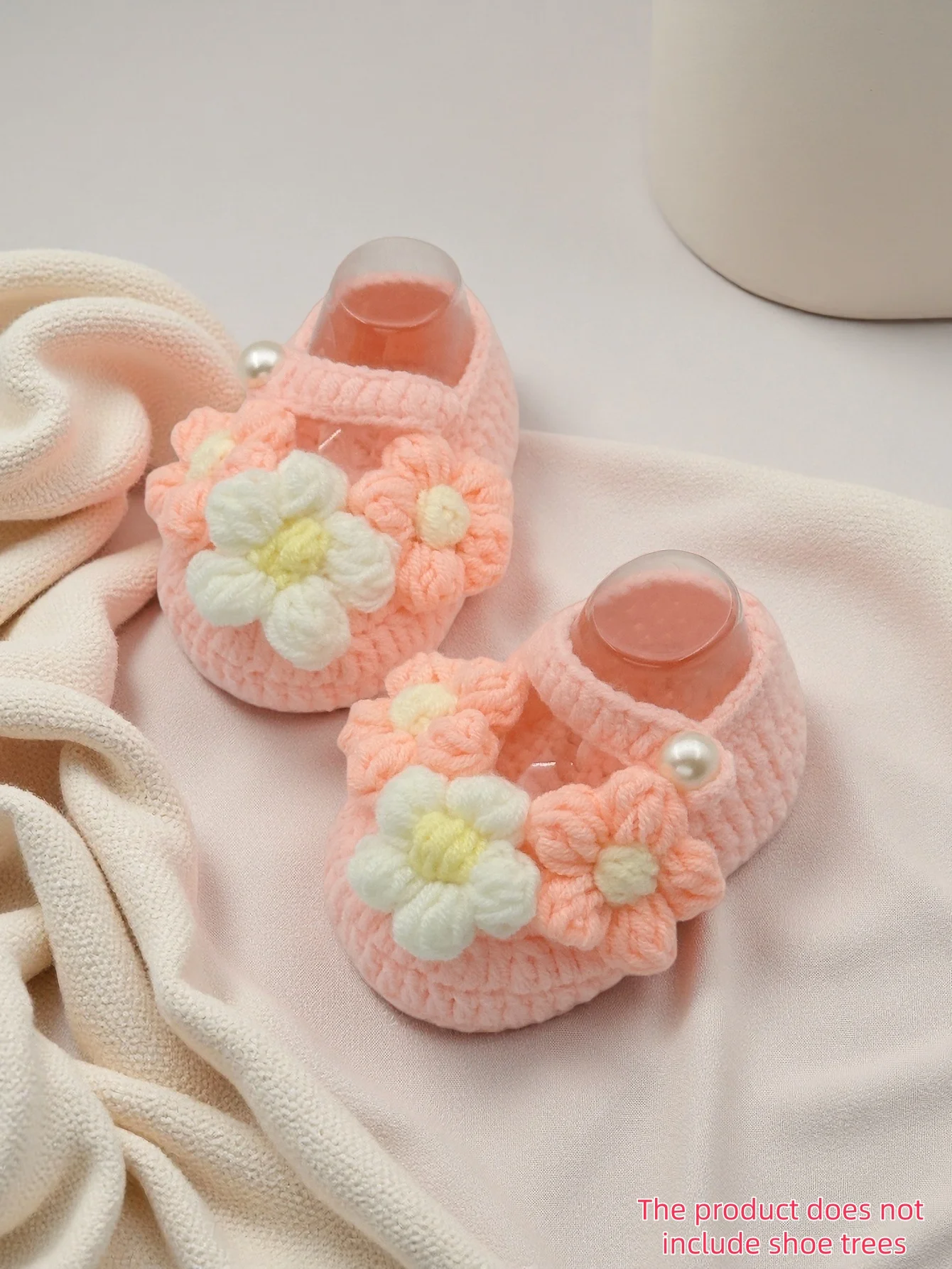 

1 Pair Handmade Crochet Baby Booties with Daisy Flowers and Pearl Accents, Pink Soft Knit Newborn Shoes