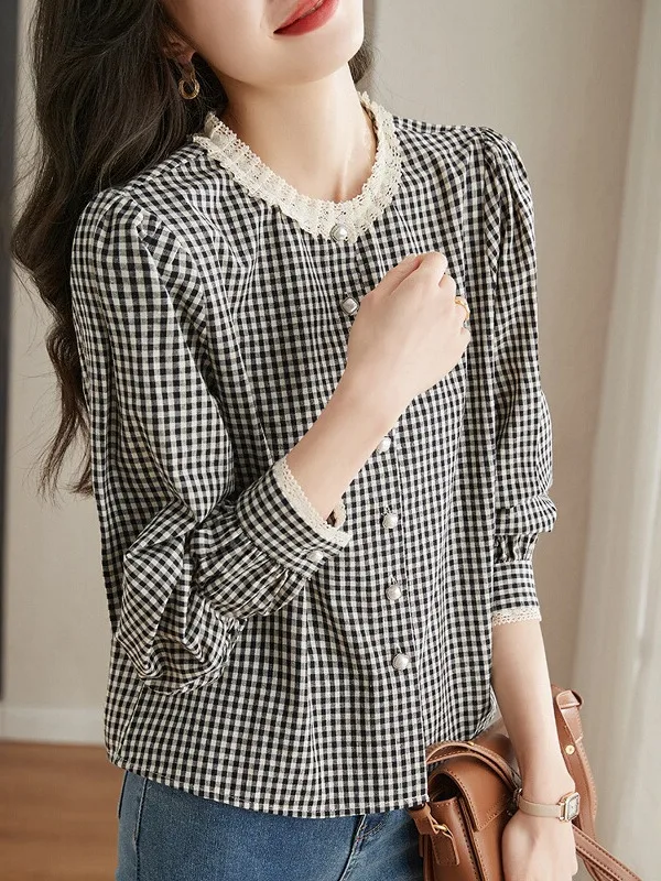 

Женская блузка Ele с кружевными вставками, новинка 2026 года, в стиле ретро, в клетку, базовая, осенняя, с длинным рукавом, V-образным вырезом, прямого кроя.