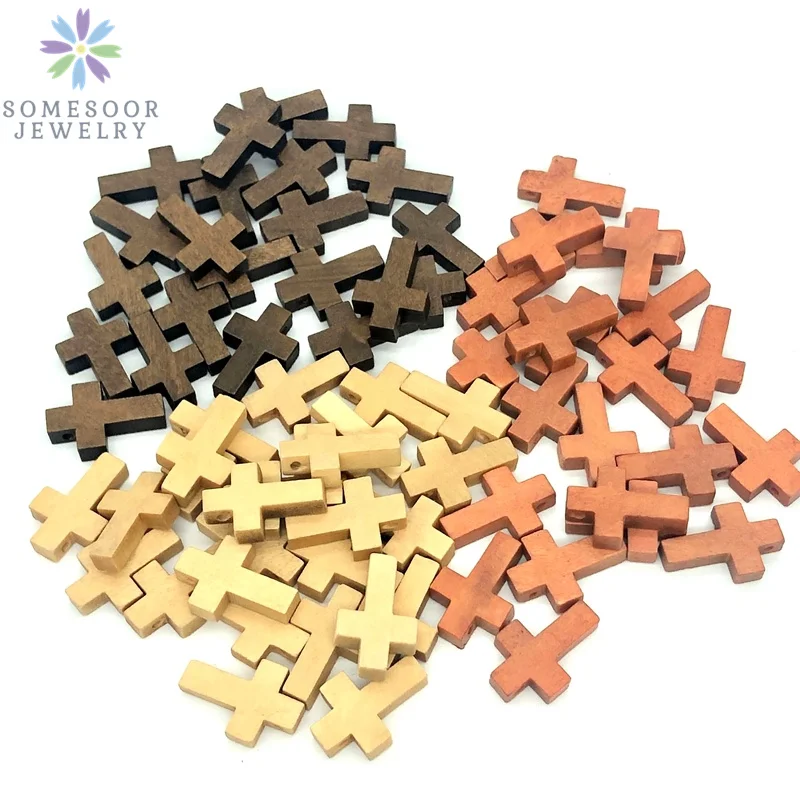 SOMESOOR 30 Pcs Wooden Cross Beads Christians Hanging Dangle Pendant Jewelry Natural Wood DIY Craft Necklace Accessories Gifts