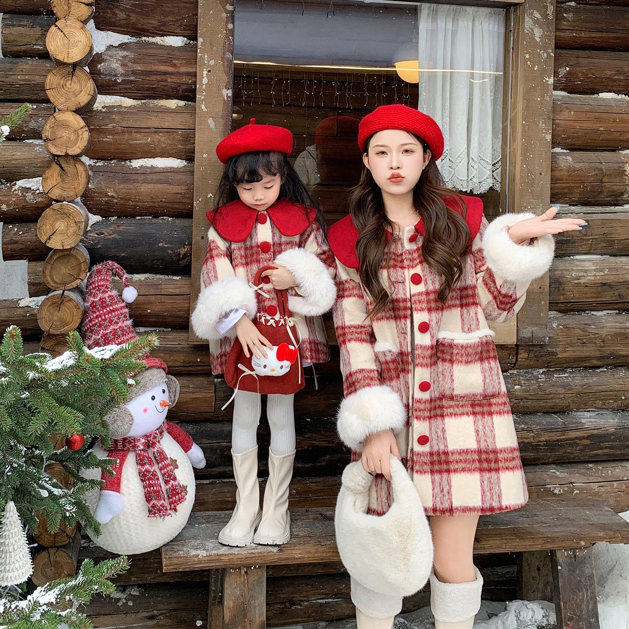 

Christmas Mother Daughter Plaid Tweed Long Coat Collar New Year Mom and Baby Girls Duffle Jacket Princess Mommy and Me Outerwear