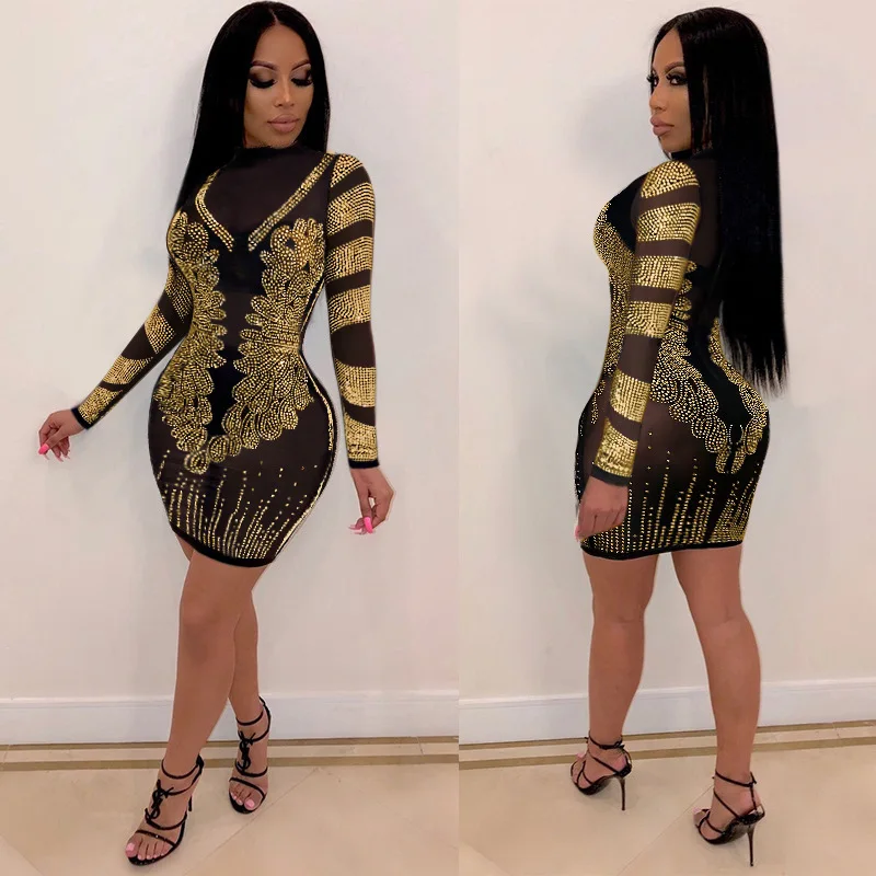 Nightclub Party Gathering Club Sexy Hot Drilling Long Sleeve See Through Slim Dresses