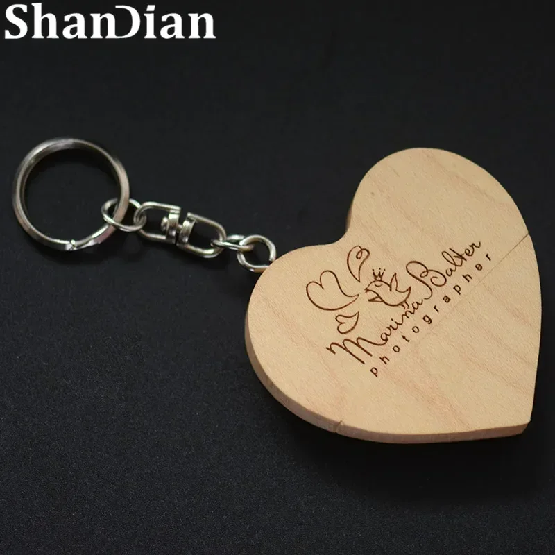 Heart Wedding Photography Gifts USB Flash Drive Free Custom Logo Wooden Pen Drive Real Capacity Memory Stick 64GB/32GB U Disk