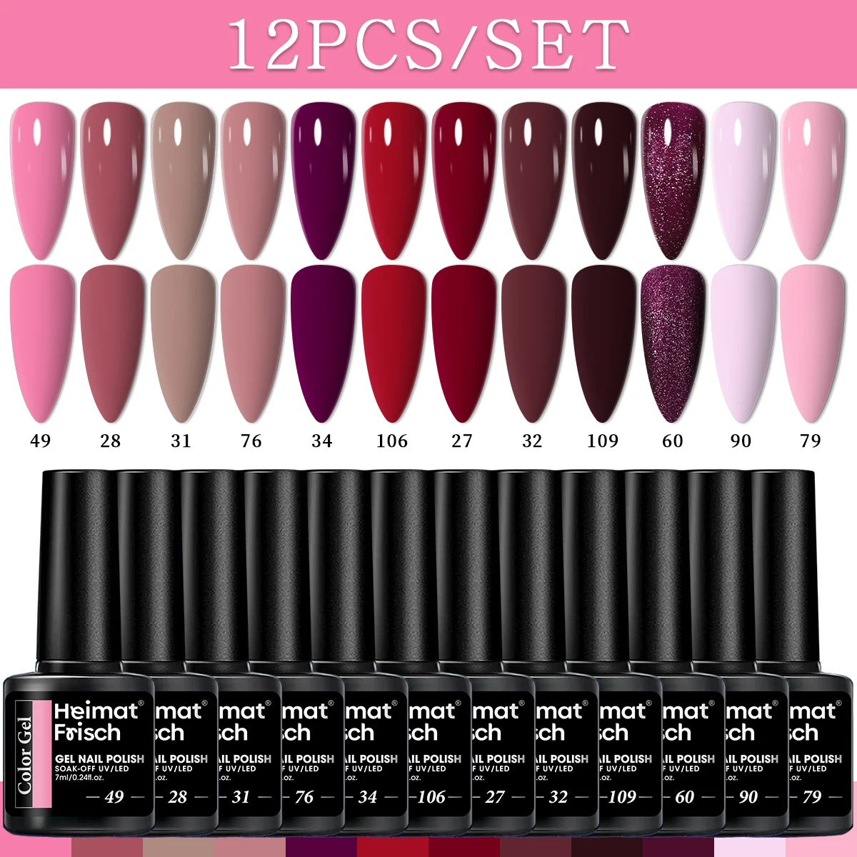 Heimat Frisch 12ピースジェルネイルポリッシュセット - 耐久性、LEDディップ、低刺激性、ニュートラル＆シマーシェード、アルコールフリー - 適応性