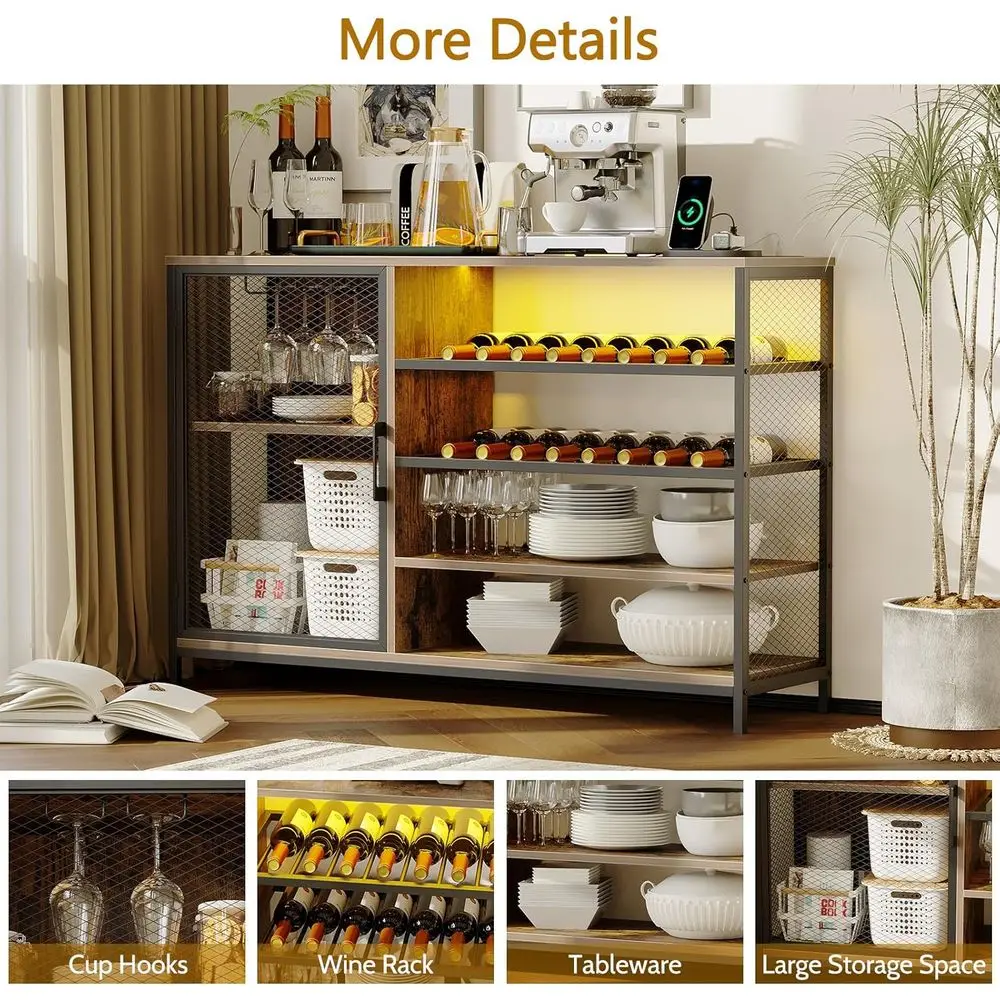 Adjustable LED Light Wine Bar Cabinet, Compact Sideboard with Rack & Cup Holder, Mesh Door Coffee Cabinet for Kitchen, Dining, L