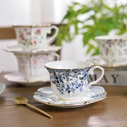 Blue and White Porcelain Coffee Cup and Saucer Set Ceramic European Style Luxury Sun Flower Afternoon Tea Cup Gift for Friend