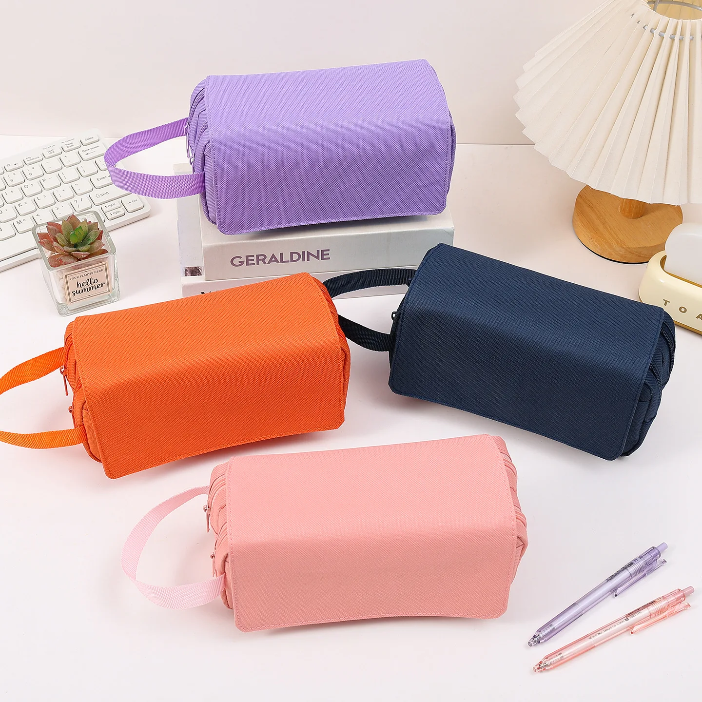 Simple Solid Color Canvas Pencil Case 3-Layer Flip-Top Large Capacity Stationery Bag Handle for Primary Secondary School Student
