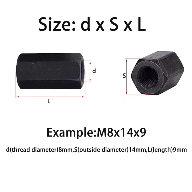 Black Oxide 45# Steel Hex Extension Coupling Nut Long Connecting Sleeve Rod Joint Nut M8 M10 M12 M14 M16 M18~M48