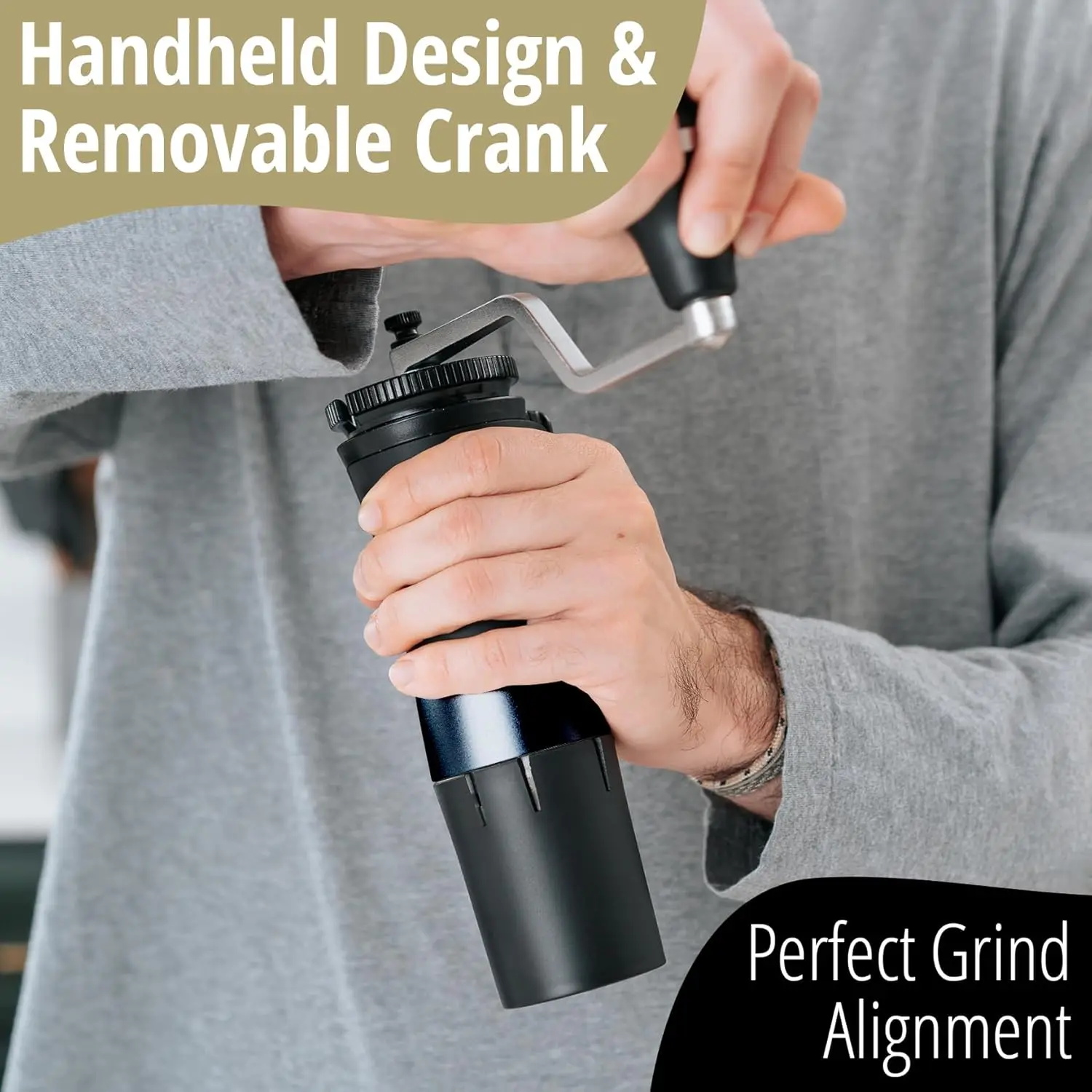 مطحنة قهوة يدوية مع نتوءات فولاذية لجميع طرق التخمير، محمولة وقابلة للتعديل