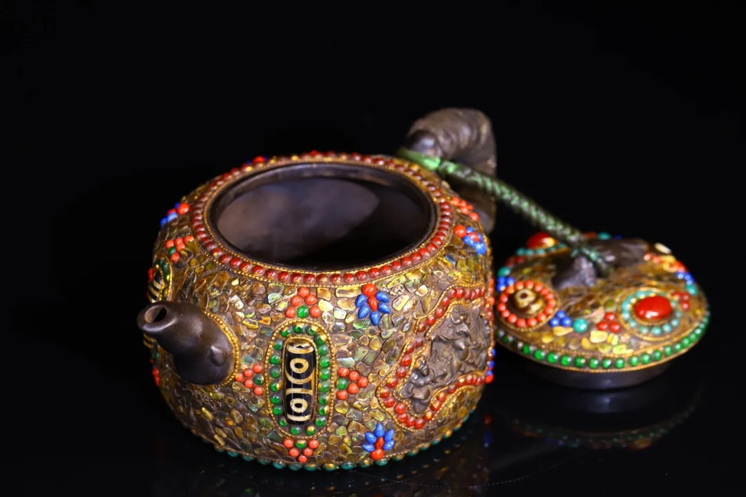 8 "مجموعة معبد التبت القديمة الأرجواني وعاء الطين إبريق الشاي فسيفساء جوهرة gZi الخرز قذيفة GARUDA بوذا وعاء الزبد غلاية إبريق الشاي