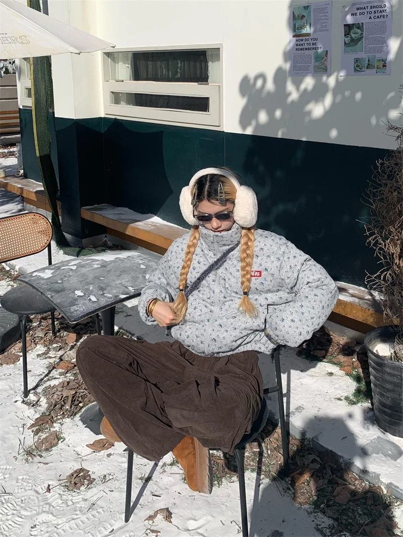 

Зимнее хлопковое пальто Thiened ort, женское пальто с воротником-стойкой и цветочным принтом, верхняя одежда, теплая молния для поездок на работу