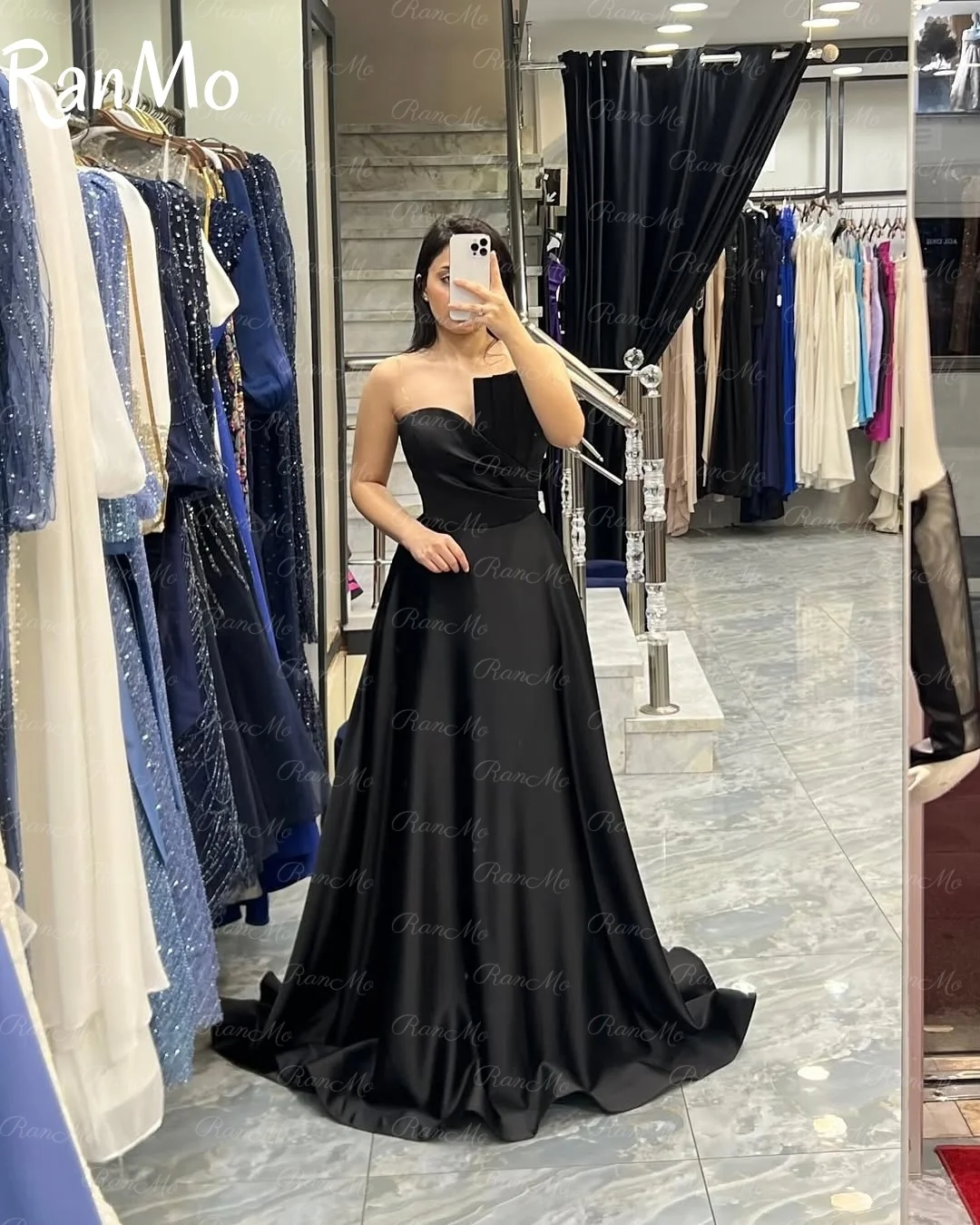 Ranmo 2025: Элегантные черные платья для выпускного вечера трапециевидной формы, вечернее платье без бретелек, атласные платья без рукавов длиной до пола, платья для дня рождения, новинка