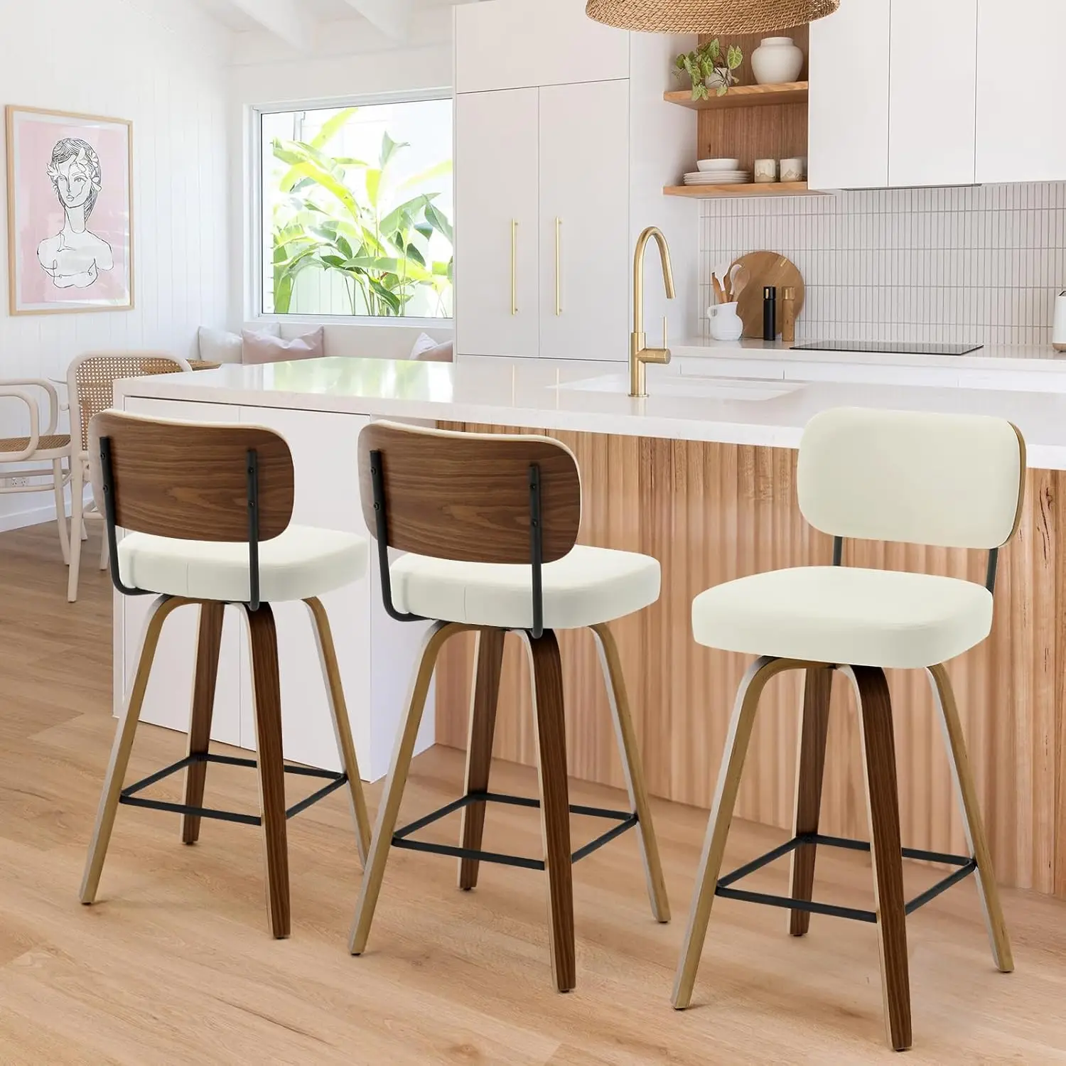 

Swivel Counter Height Bar Stools Set of 3, 26" Upholstered Faux Leather Barstools with Back and Bent Wood Legs, Mid Century Mode