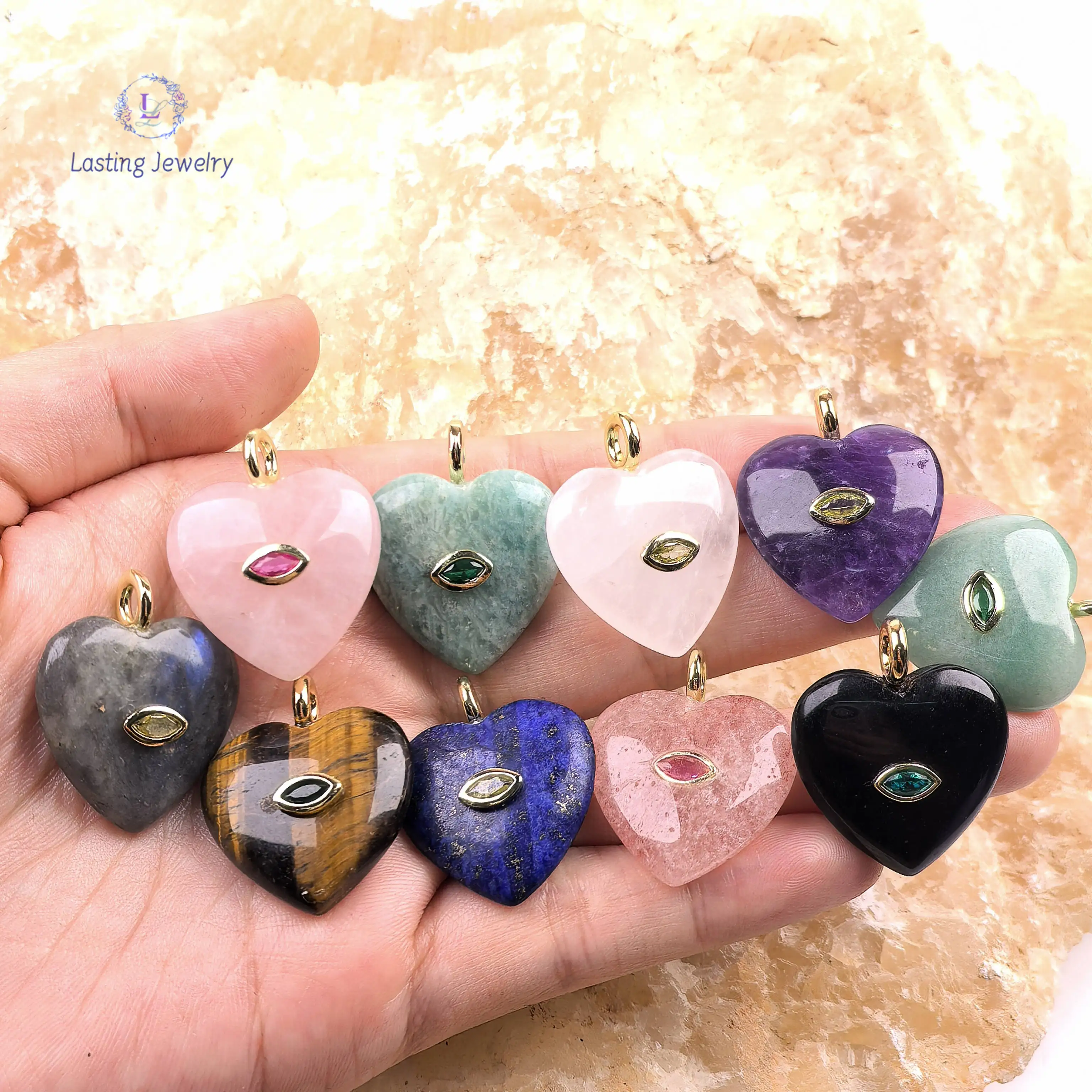 

Reiki Crystal 25mm Heart Pendants With Inlaid Horse Eye Shape Zircon Gemstone Charms Amethyst Quartz For Necklace Jewelry Making