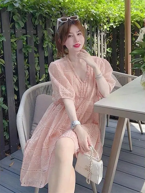 

plus Size 300 Pounds Pink A-Line Dress Women's Summer Tea Break Childhood Pure Sweet Gentle Style Casual Korean Version Hollo...