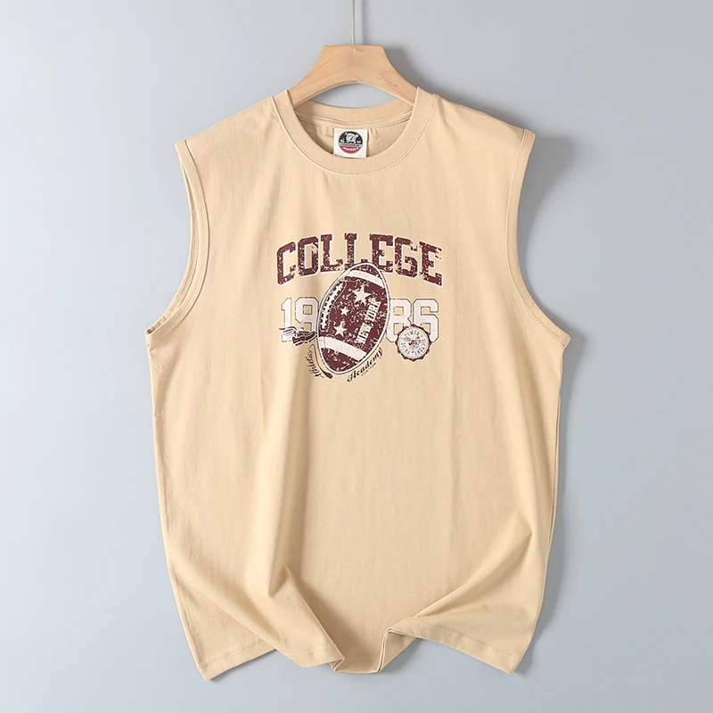 2025 Summer New American Retro Sleeveless O-neck Letter Printed T-shirt Men's Fashion 100% Cotton Basketball Sports Casual Vest