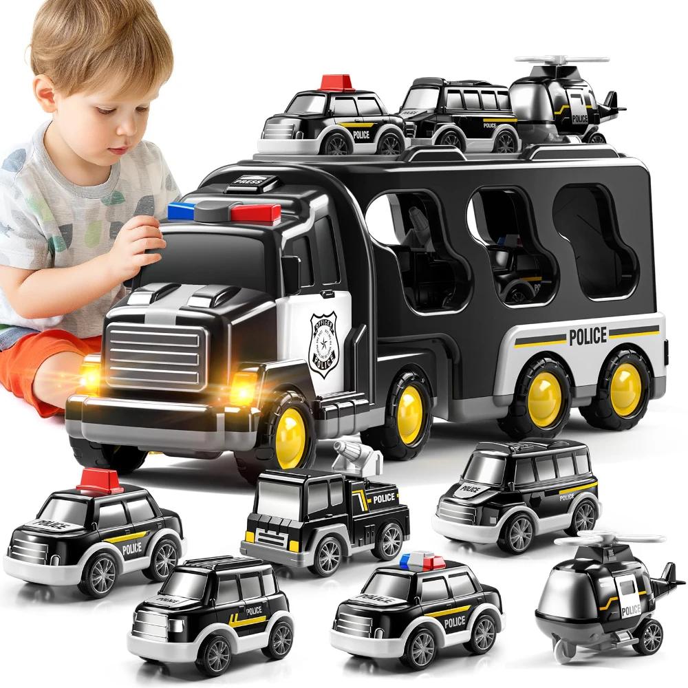 WizKidz 7-in-1 Wrijving Power Politie Truck Speelgoed voor Peuter 3 + Jaar Oude Jongens Noodvoertuig Carrier Truck voor Kinderen Geschenken