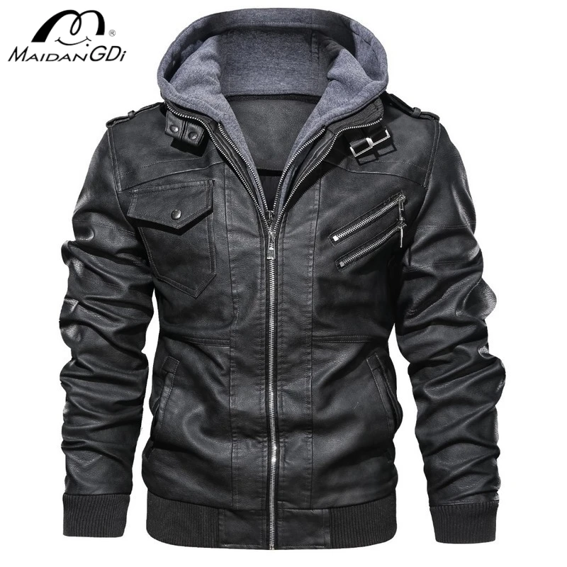 

MAIDANGDI Men's Leather Jacket Motorcycle Style Top with Detachable Hat Irregular Pocket Windproof Artificial Leather Jacket