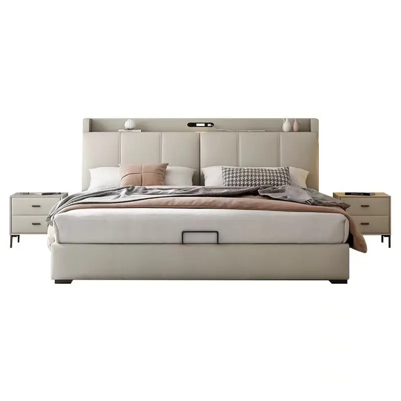 

Italian minimalist leather double bed small apartment multi-functional storage with lamp solid wood soft bed