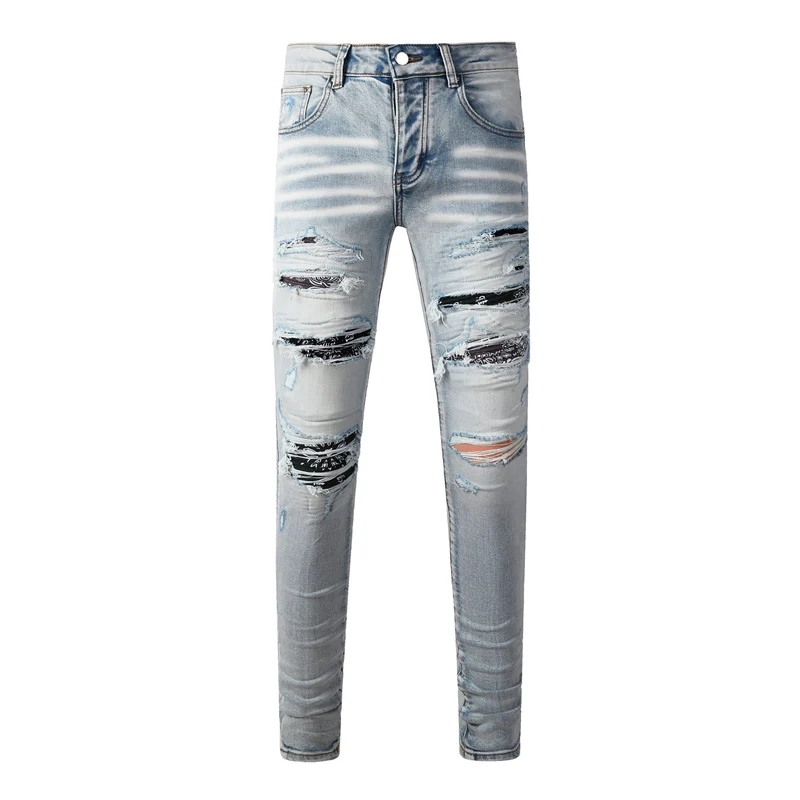 

Y2k Fashion New Men's High Quality Jeans Washed Nostalgic Perforated Light Blue Jeans High Street Designer Hip Hop Brand Pants H