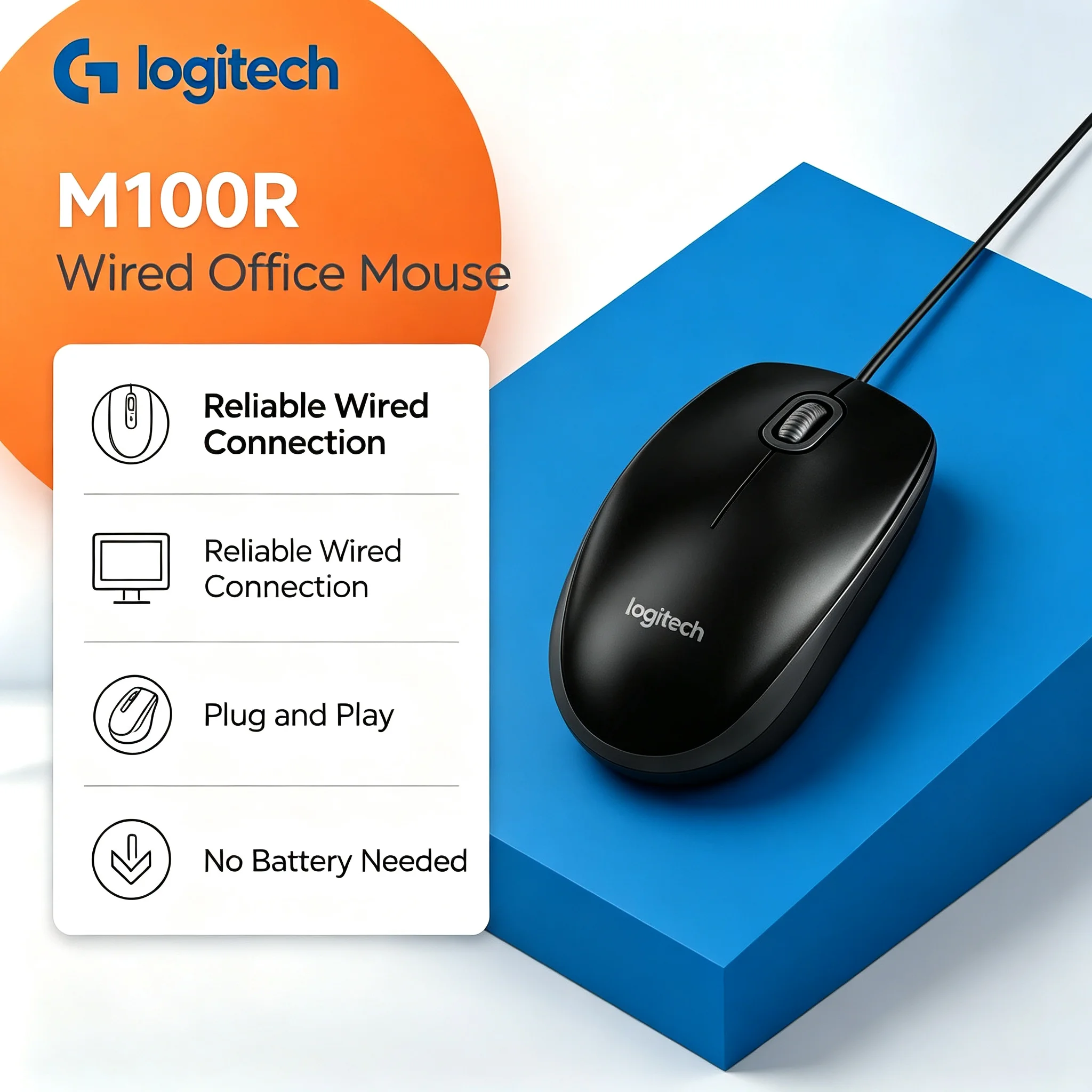 Logitech M100R USB Wired Ergonomic Mouse 3 Button Optical Mice for Notebook Desktop