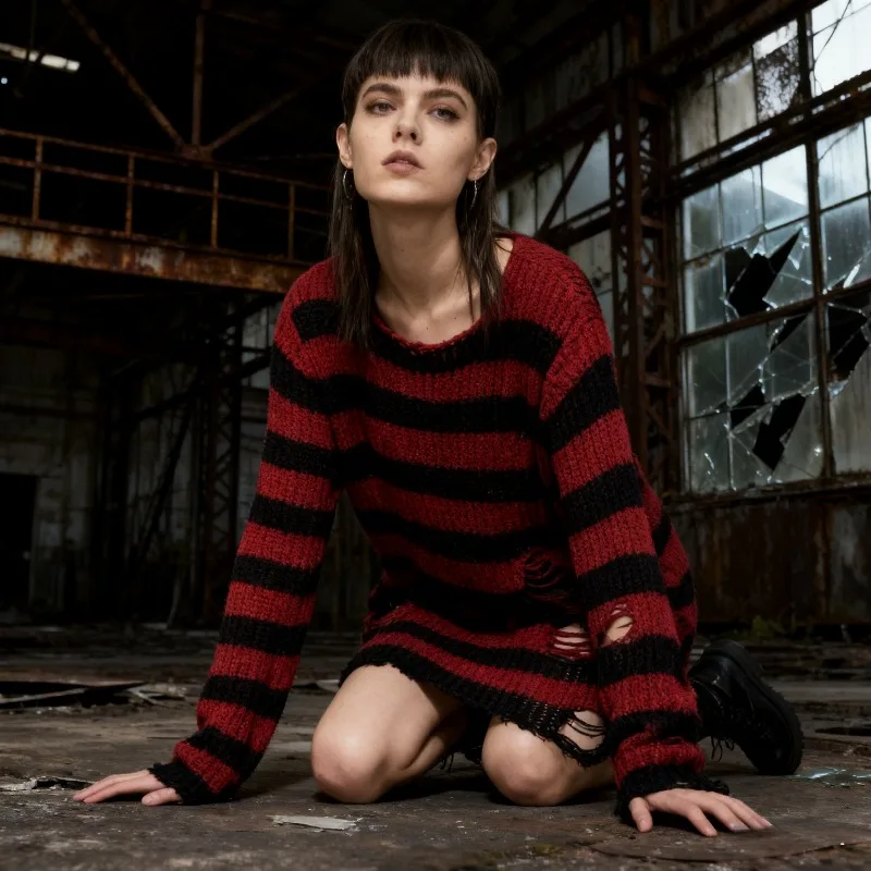 

Sexy Hollow Out Striped Long Sweaters Punk Gothic Cool Hole Broken Jumpers Women Over Size Loose Rock Dark Pullovers Sweaters