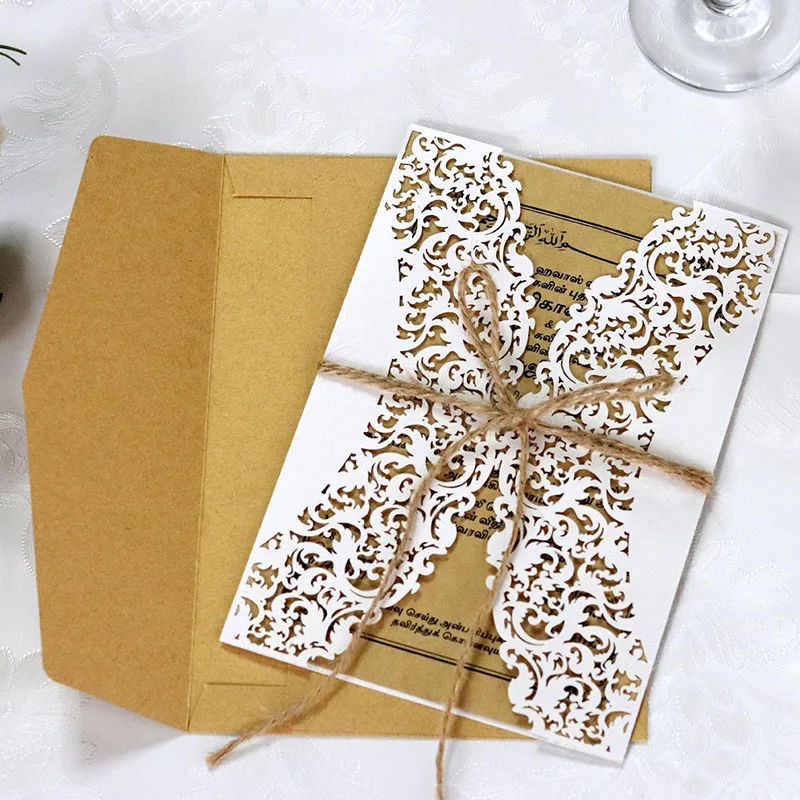 50pcs Laser Cut Kraft Paper Wedding Invitations Card Lace Gorgeous Custom Print Greeting Card With Rope Brithday Party Supplies