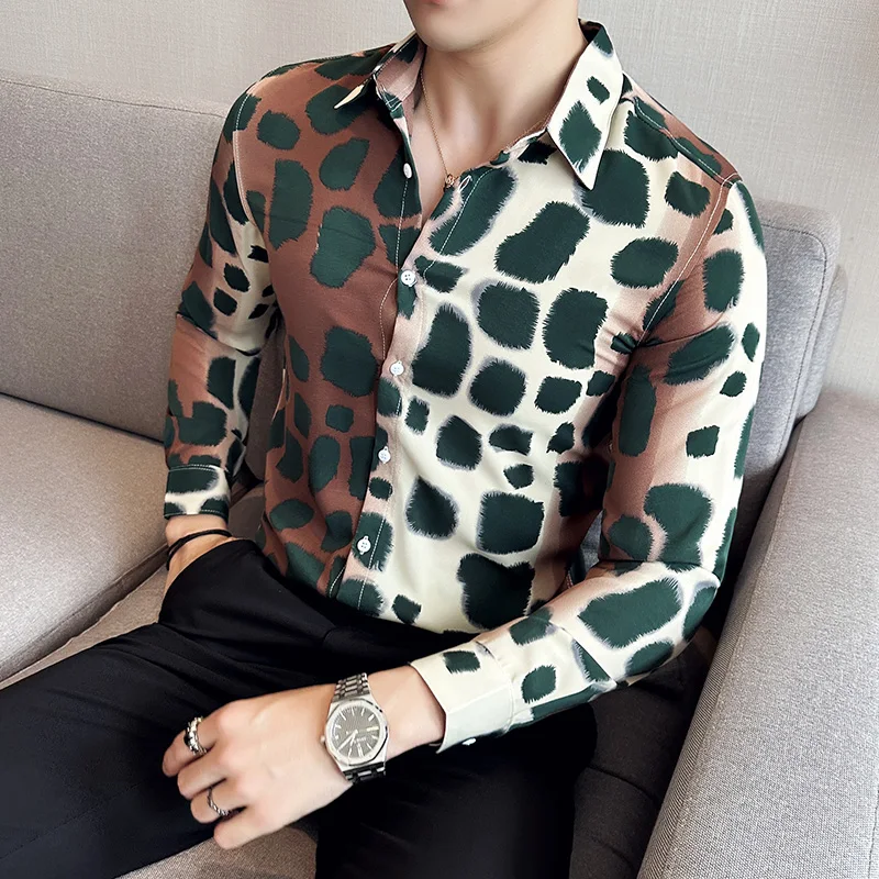 

Fashion Leopard Print Shirt 2023 Autumn New Long Sleeve Slim Fit Casual Tuxedo Man Wedding Social Blouse Homme Plus Size 4XL-M