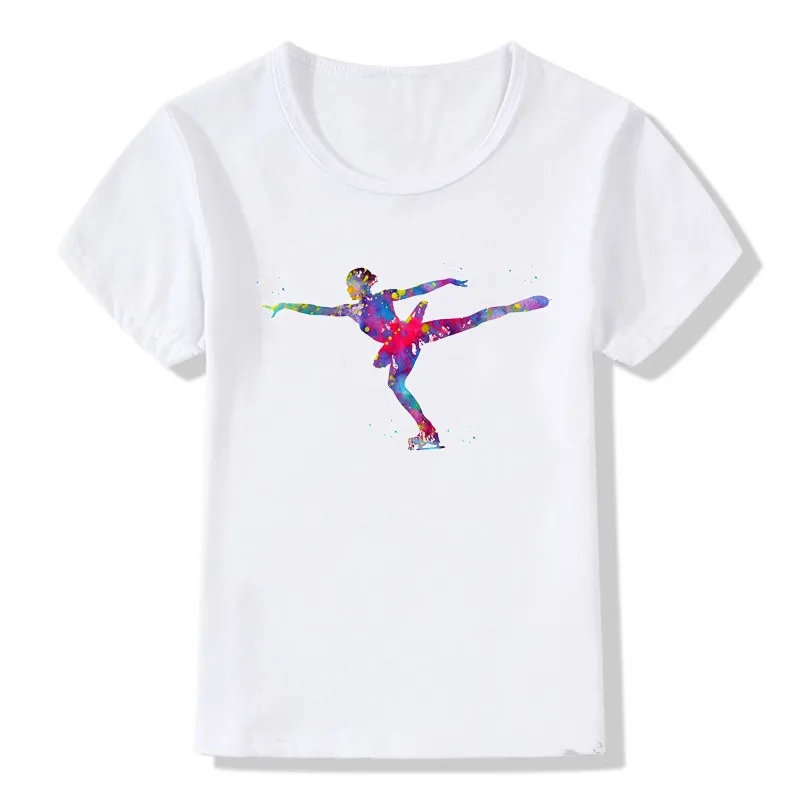 Watercolor Ice Skating Girl Print Design Kids T Shirt Cute Summer Top Girls Clothes White Tshirt Child T-Shirts Wholesale