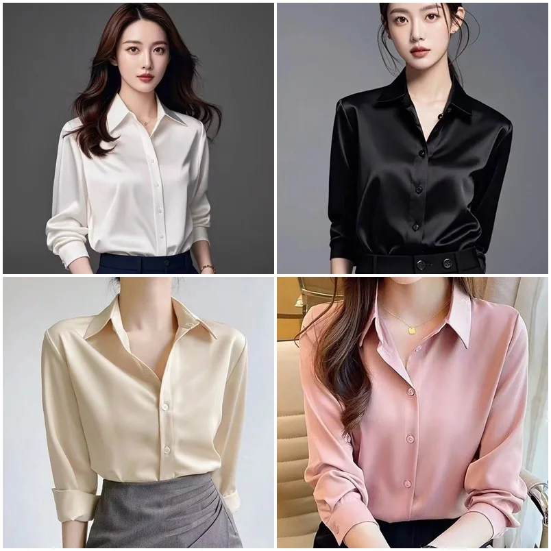 

Korean Office Lady Trend Casual Shirt Elegant Blouses For Women Satin Multicolor Basic Slim Shirt Solid All-Match Top French New