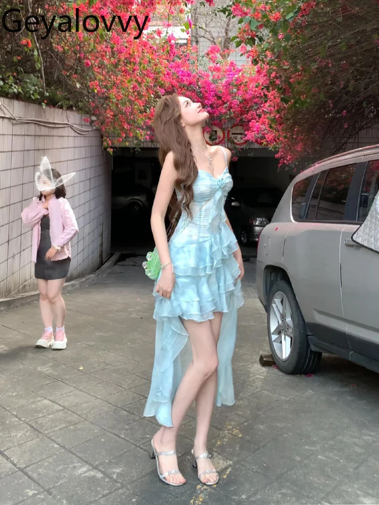 Robe surdimensionnée à volants, bleu irrégulier, à bretelles, pour filles douces, vacances en bord de mer, taille haute, sans manches, robes courtes