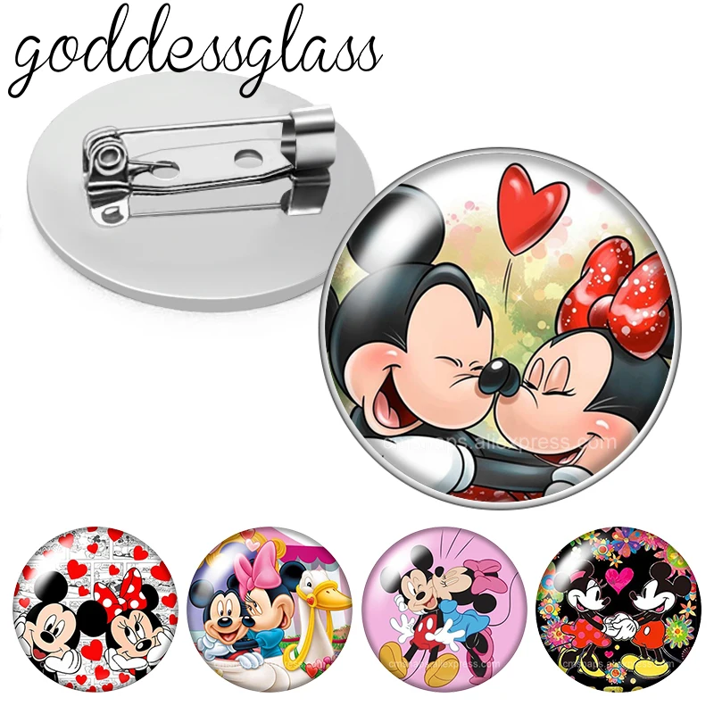 Disney Mickey Minnie mouse Love Photo Glass cabochon Brooch pinback button Bag Clothes Denim Jeans Lapel Pin Badge Jewelry