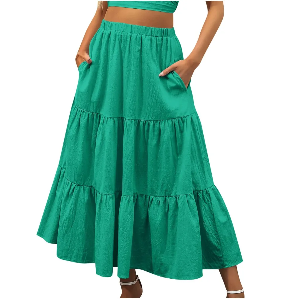 Medieval Retro A-line Long Skirt for Women Beach Summer Bohemian Pockets Dress Casual Outfits Halloween Carnival Party Clothes