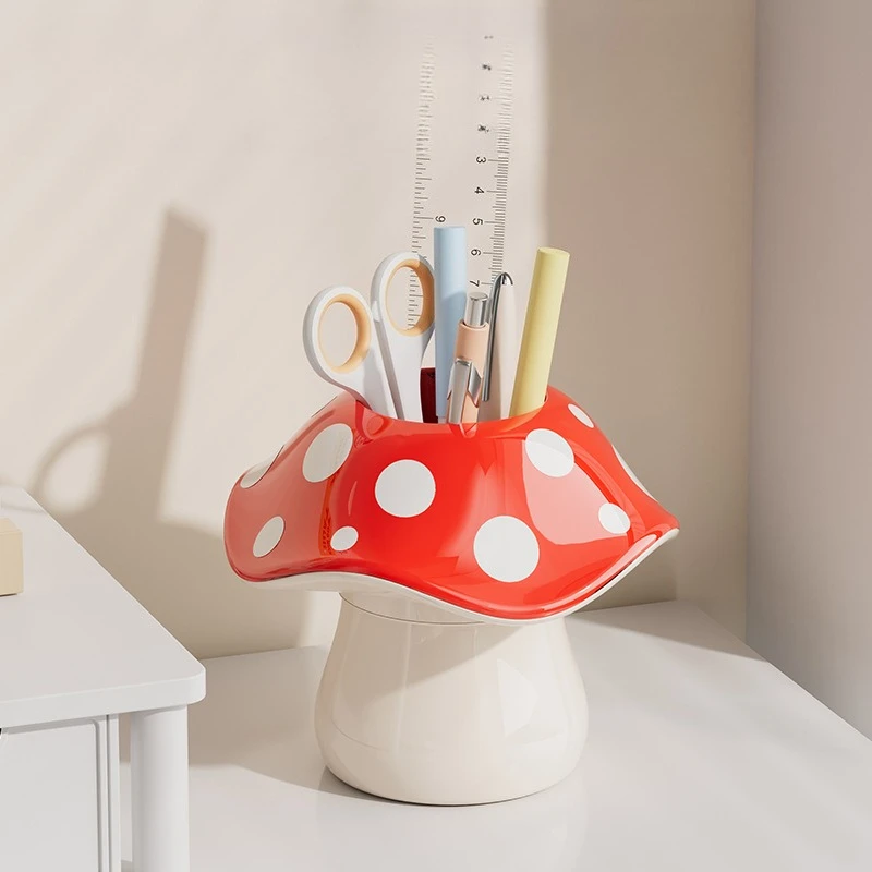 Eco-Friendly Cute Mushroom Pen Holder, Large-Capacity Desktop Pen Holder and Makeup Brush Organizer, Beautiful Red Desk Storage Box, School Supplies and Art Tools