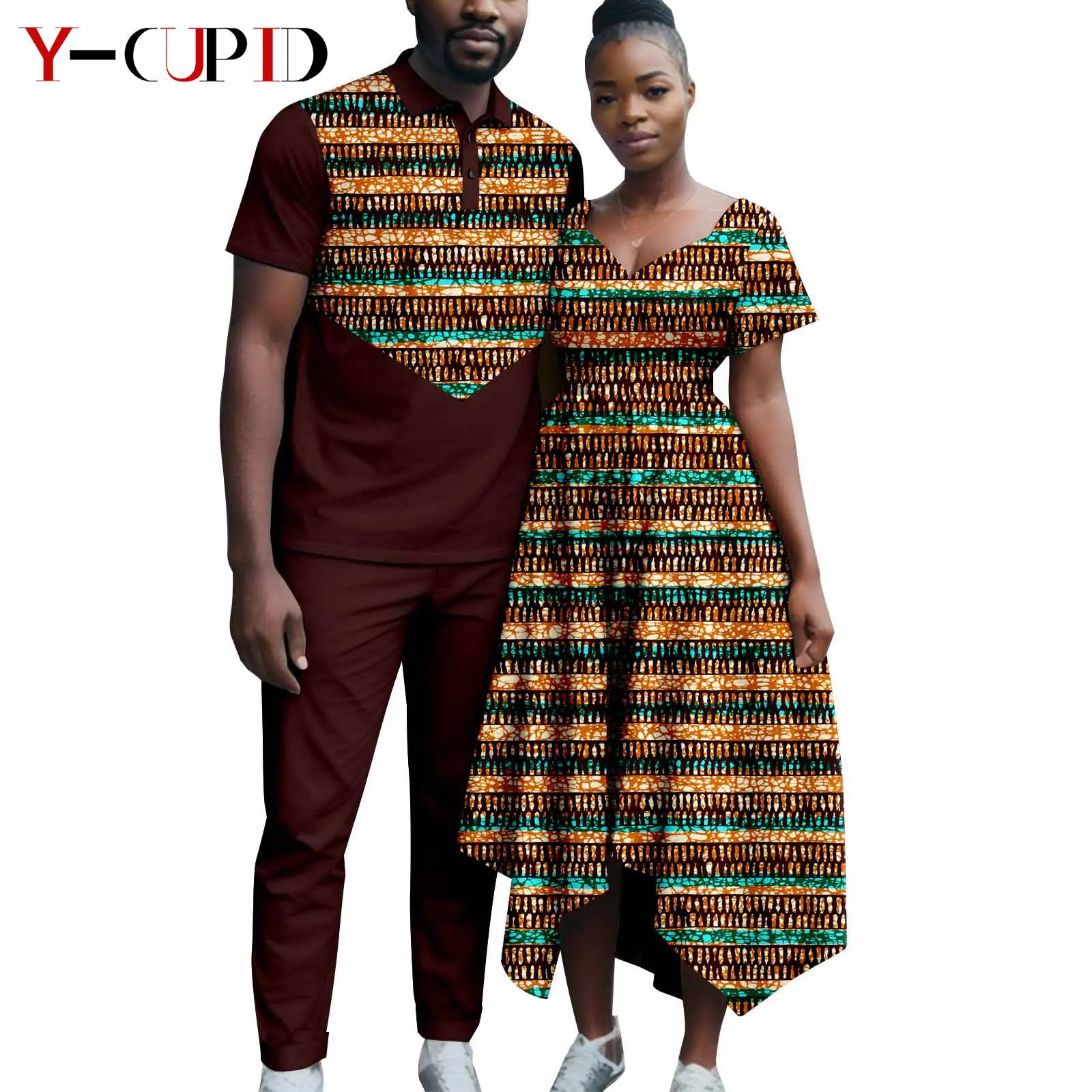 

African Print Asymmetrical Dresses for Women Matching African Attire Couples Men Outfits Top and Pant Sets Bazin Riche Y23C090