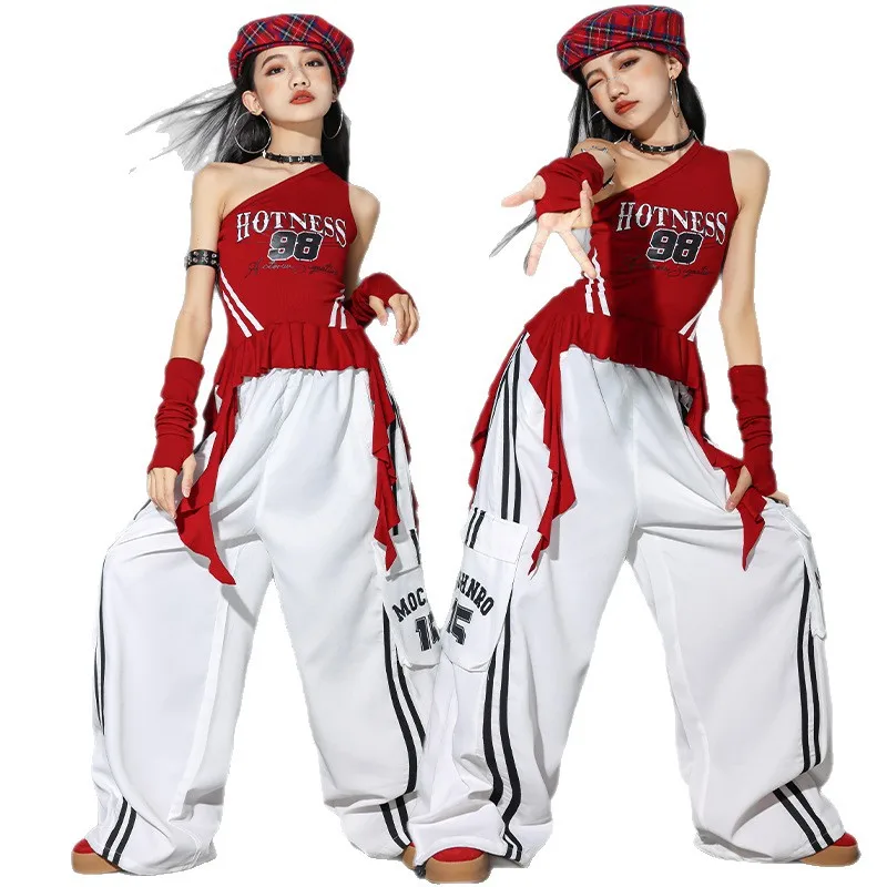 Hip Hop Girls One-shoulder Crop Top Balloon Skirt Cargo Pants Children Streetwear Girl Group Costumes Kids K-pop Clothes Sets