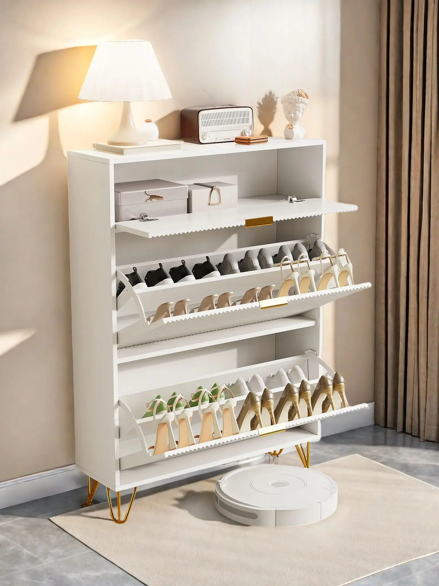 Rosahqnda moderne witte houten schoenenkast voor entree, schoenenopbergorganizer met 2 opklapbare laden, zijopbergruimte voor laarzen - afbeelding 2