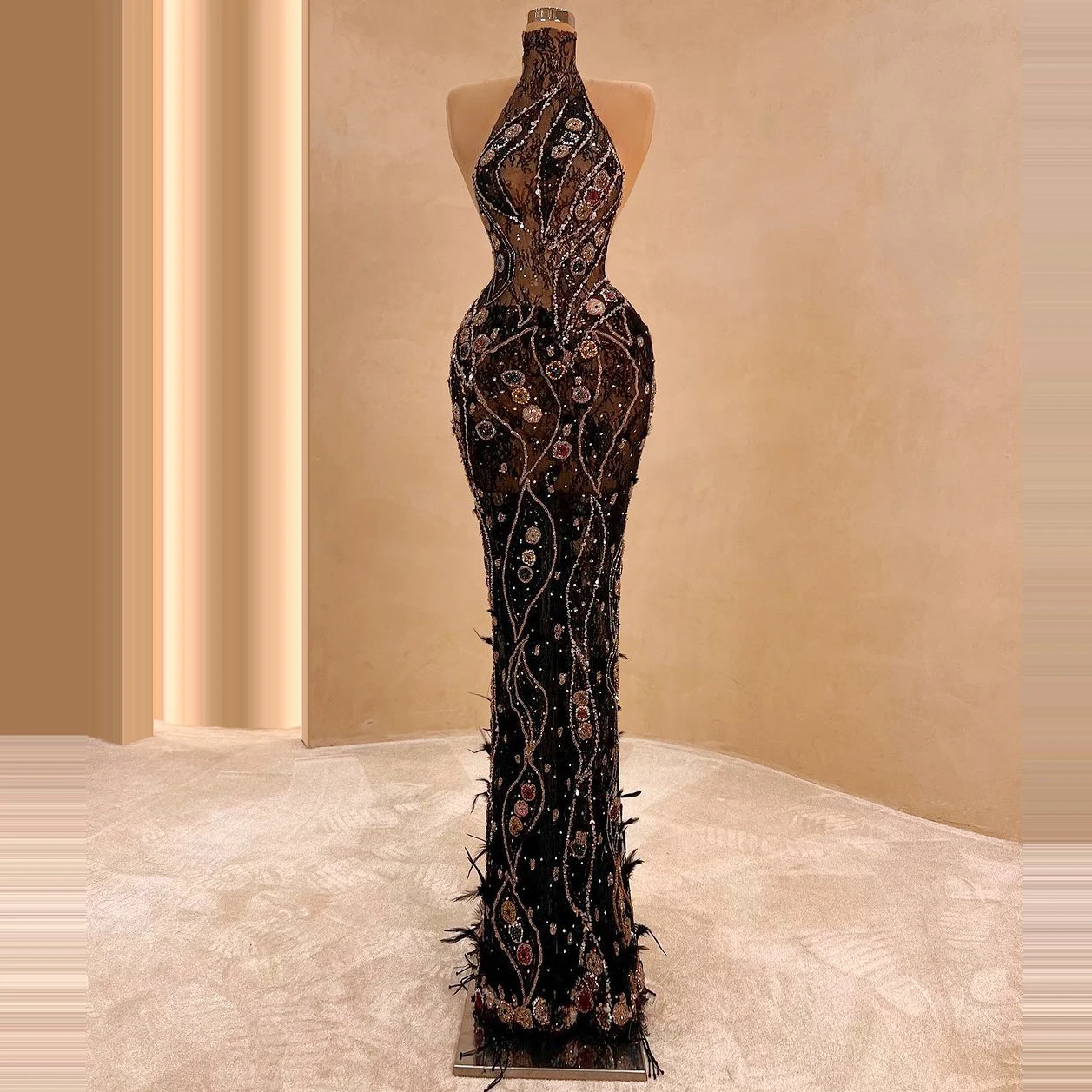 

Black Temperament Rhinestone Elegant Dress Birthday Party Evening Dress Stage Performance Women Lace Long Dress