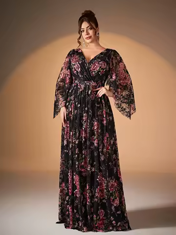 Mgiacyv-neck cross-printed lace mid-sleeved wide-swing high-end evening dress