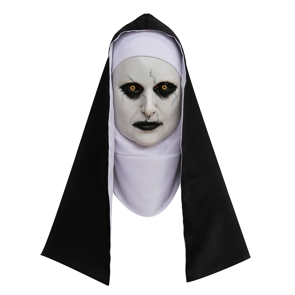 Máscara de Cosplay de monja para adultos, casco de terror, máscara con capucha, pañuelo para la cabeza, accesorios para fiesta de disfraces de Halloween, hombres y mujeres