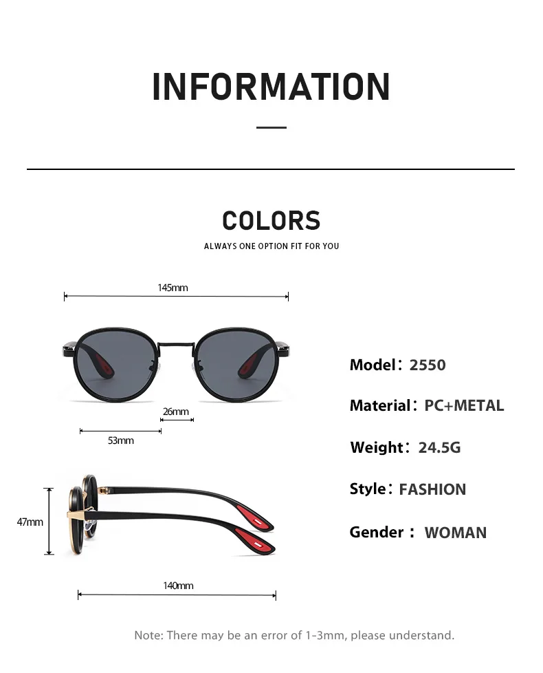 Neue trendige und retro-runde, vielseitige Brillengestelle mit UV-Schutzfunktion. Sonnenbrillen. 2550 – Detail 5