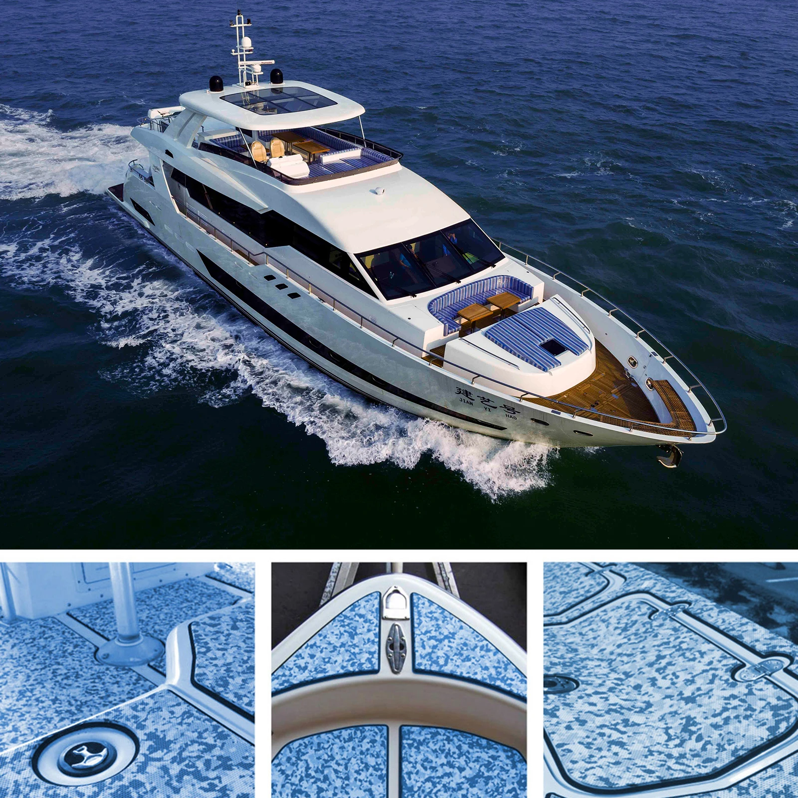 Blau-weiße Tarnung aus EVA-Schaum, Teakholzplatte, Marine-Bodenbelag, 35,4 x 94,5 Zoll, Yacht-Synthetik-Bootsdeckel, selbstklebende Unterlage